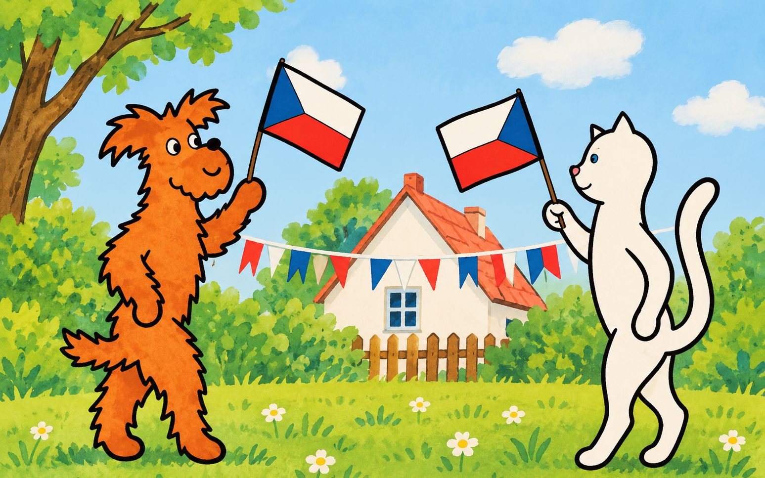 Pejsek a kočička slaví s českými vlajkami, Ilustrační foto vyrobeno pomocí AI.