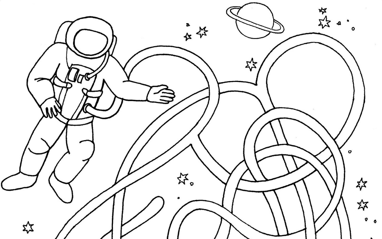 astronaut kosmonaut - bludiště a omalovánka  / International Day of Human Space Flight  - coloring book