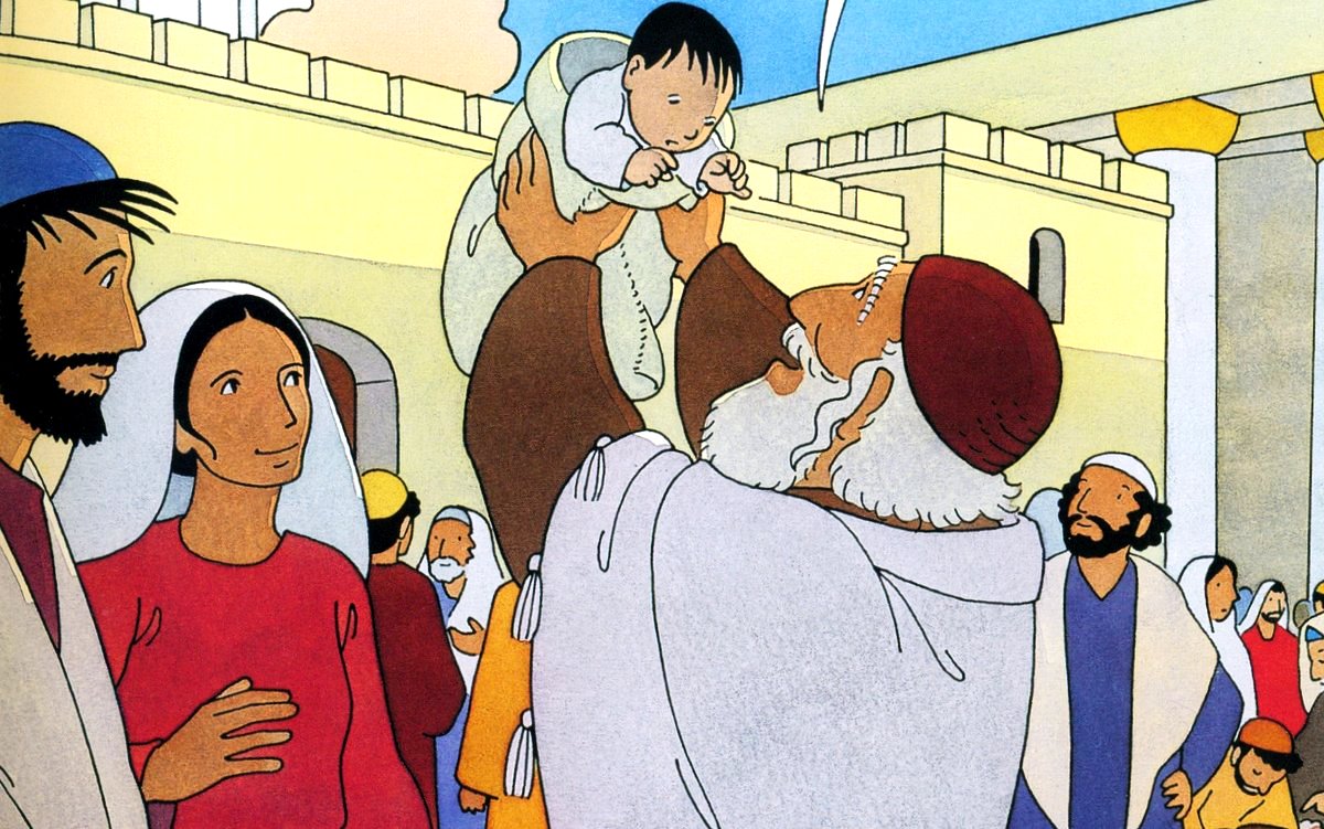 Simeon v jeruzalémském chrámě s Ježíšem v náruči / ilustrace z  dětského komiksu "Evangleium pro děti" - vydal Doron