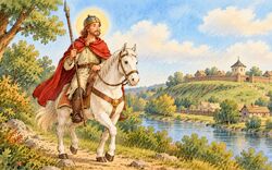 Svatý Václav jede na koni nad krajinou, použito AI
