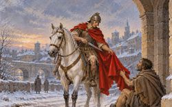 Svatý Martin na bílém koni předává část svého červeného pláště chudému žebrákovi