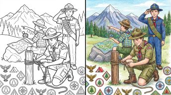 skauti  - omalovánka, táborák, stanování, výpravy, skautské aktivity